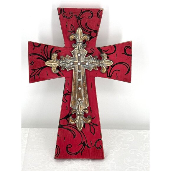 Decorative Red & Rustic Gold Wall Cross With Ornate Fleur-De-Lis Design By Hobby - Picture 2 of 6